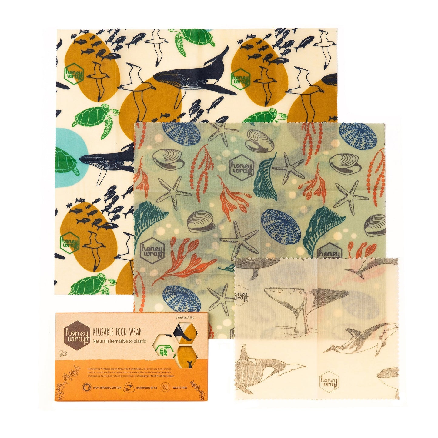 みつろうエコラップ 3-Pack (オーガニックコットン100%生地) (S, M, L 各1枚）Honeywrap 3-Pack